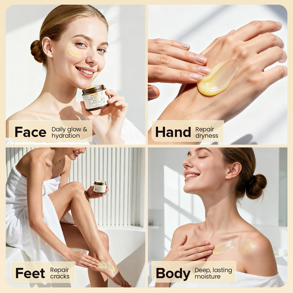 Sunbose Beef Tallow Balm swirl on hand demonstrates a non-greasy texture for daily use.