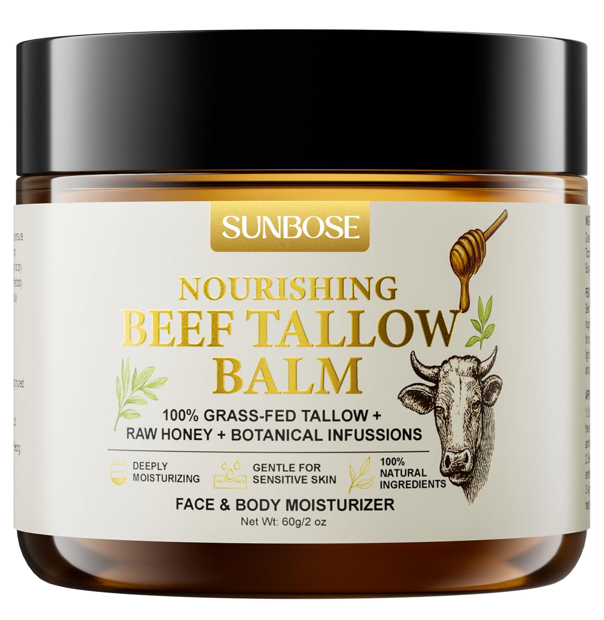 Sunbose Beef Tallow Balm tub close-up shows rich hydration for dry skin.