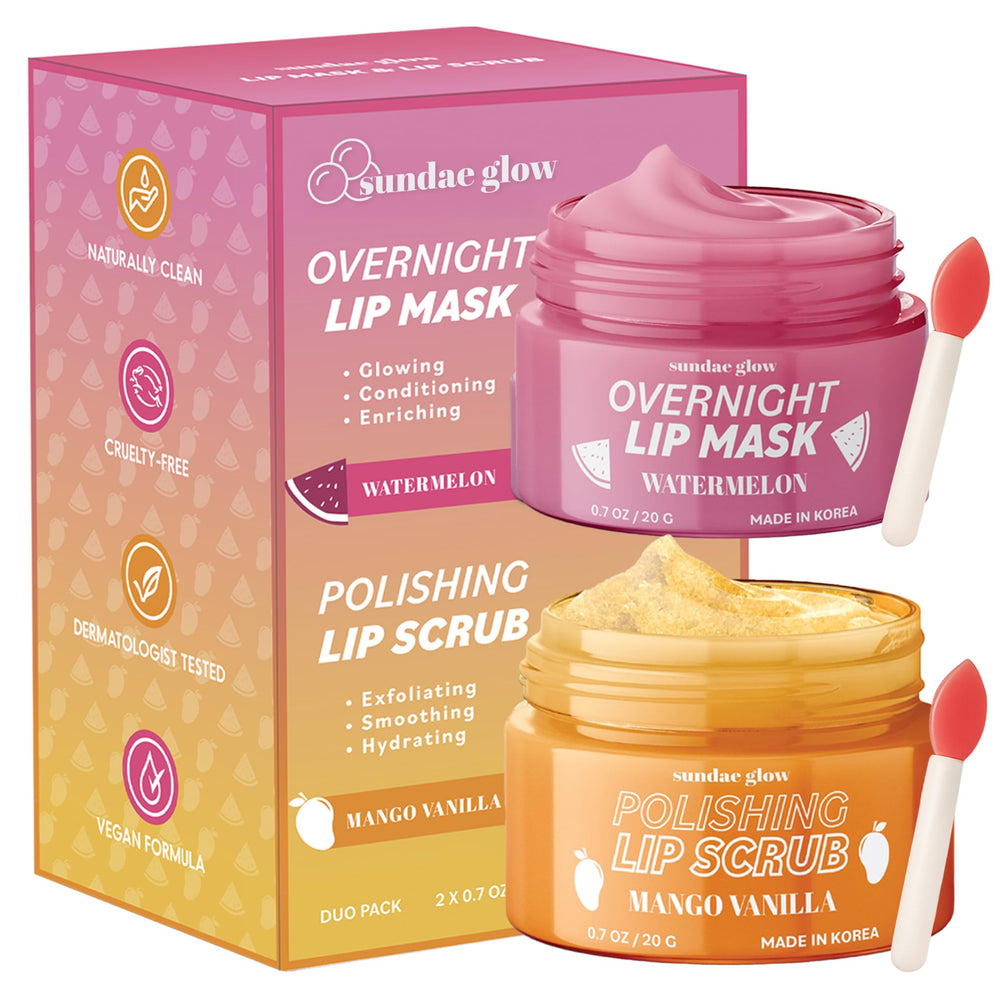 Sundae Glow lip mask and scrub duo packaging showcases clean vegan lip care for daily hydration.