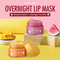 Sundae Glow watermelon mango vanilla lip mask close up highlights rich hydration for dry lips.