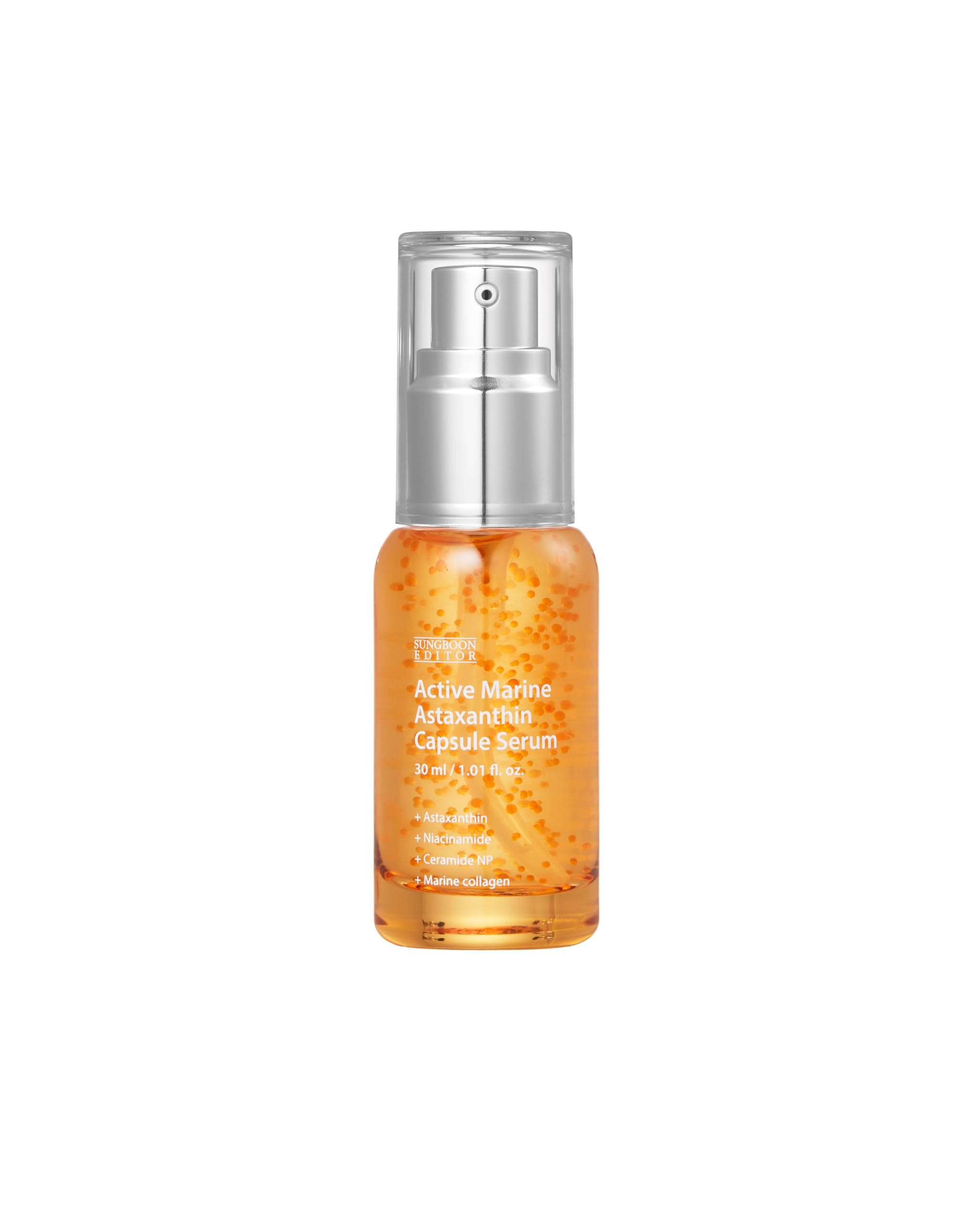 SUNGBOON EDITOR Active Marine Astaxanthin Serum bottle showcases hydrating serum for even skin tone.