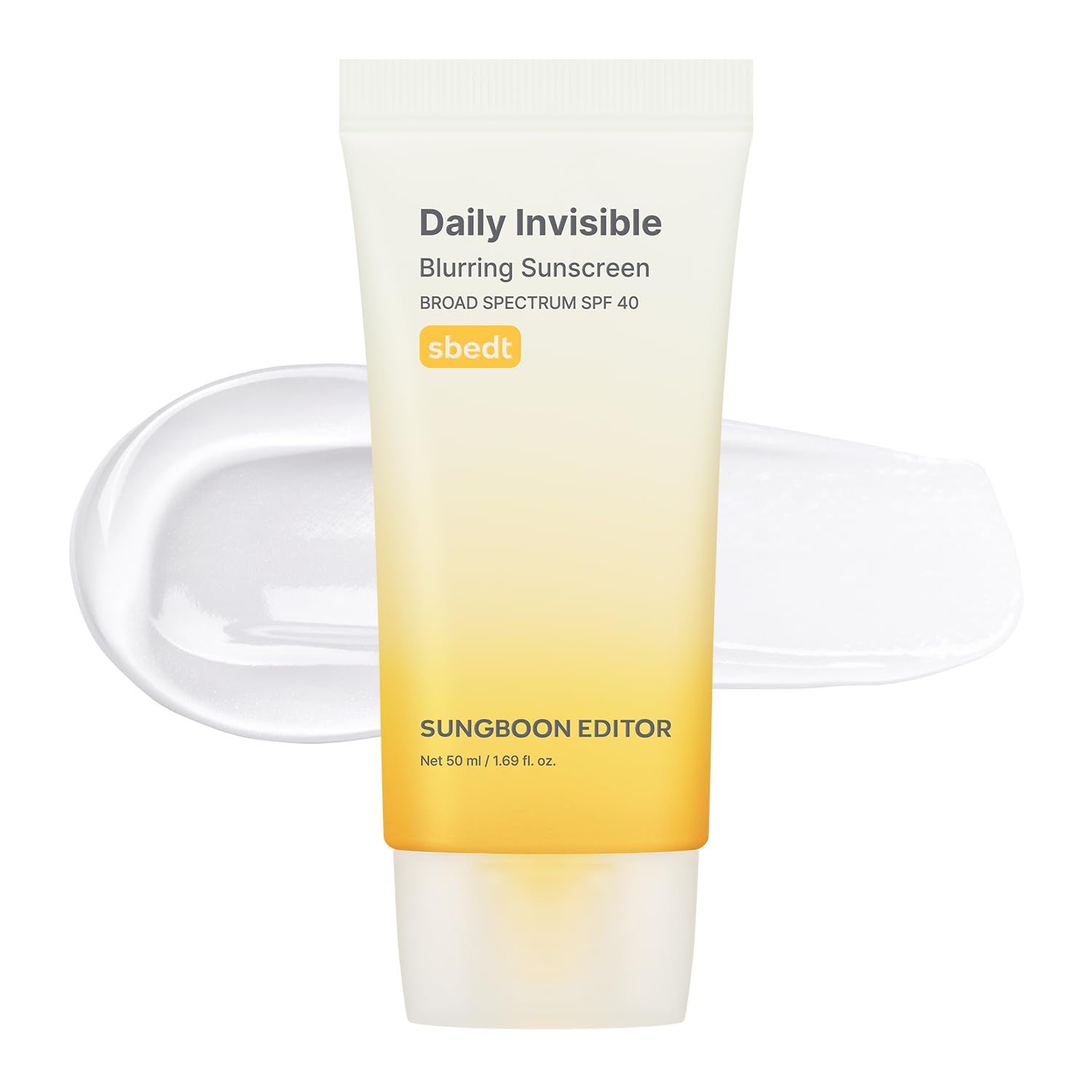 SUNGBOON EDITOR Daily Invisible Sunscreen bottle close-up showing weightless, oil-free texture.