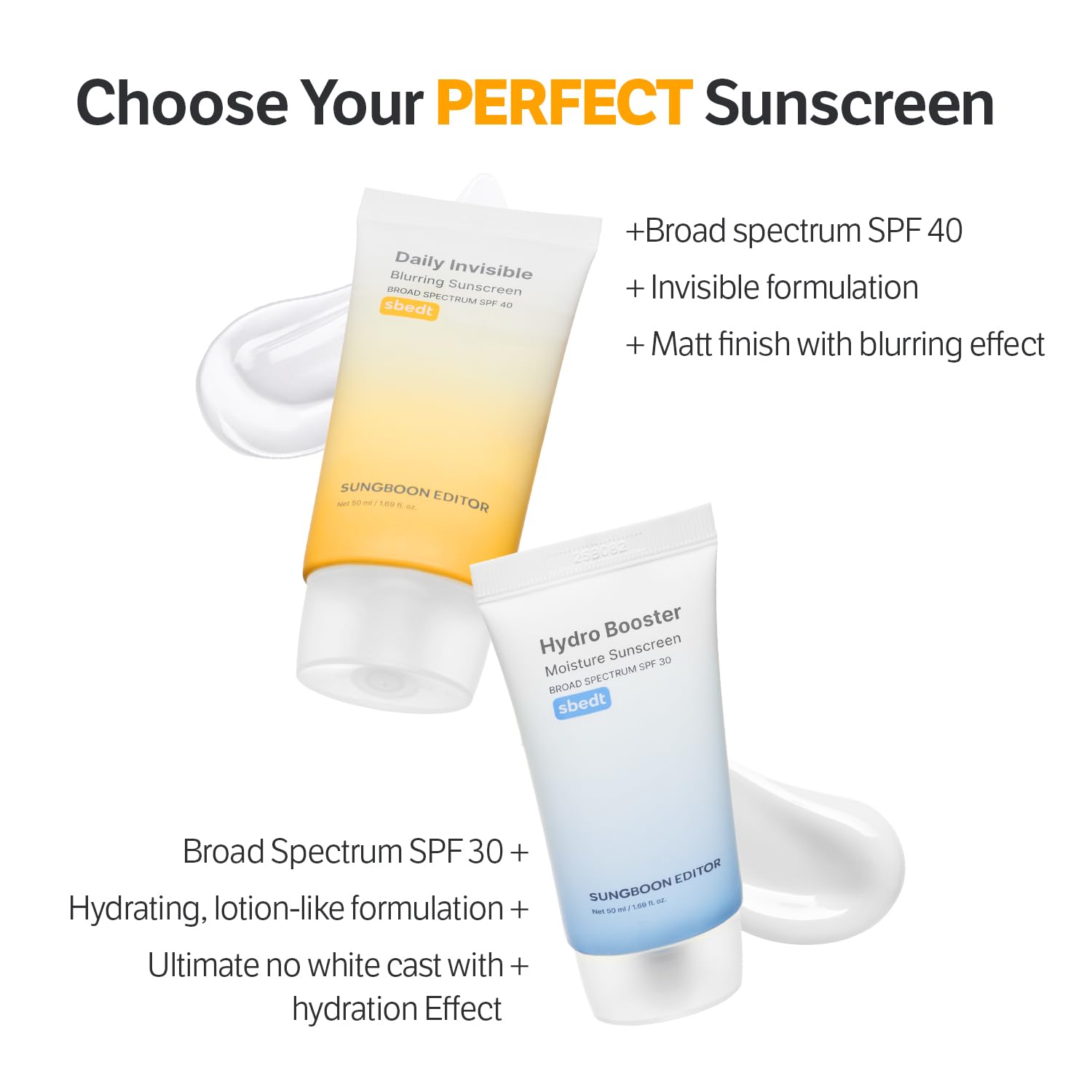SUNGBOON EDITOR Daily Invisible Sunscreen clean formula icons emphasize fragrance-free and cruelty-free benefits.