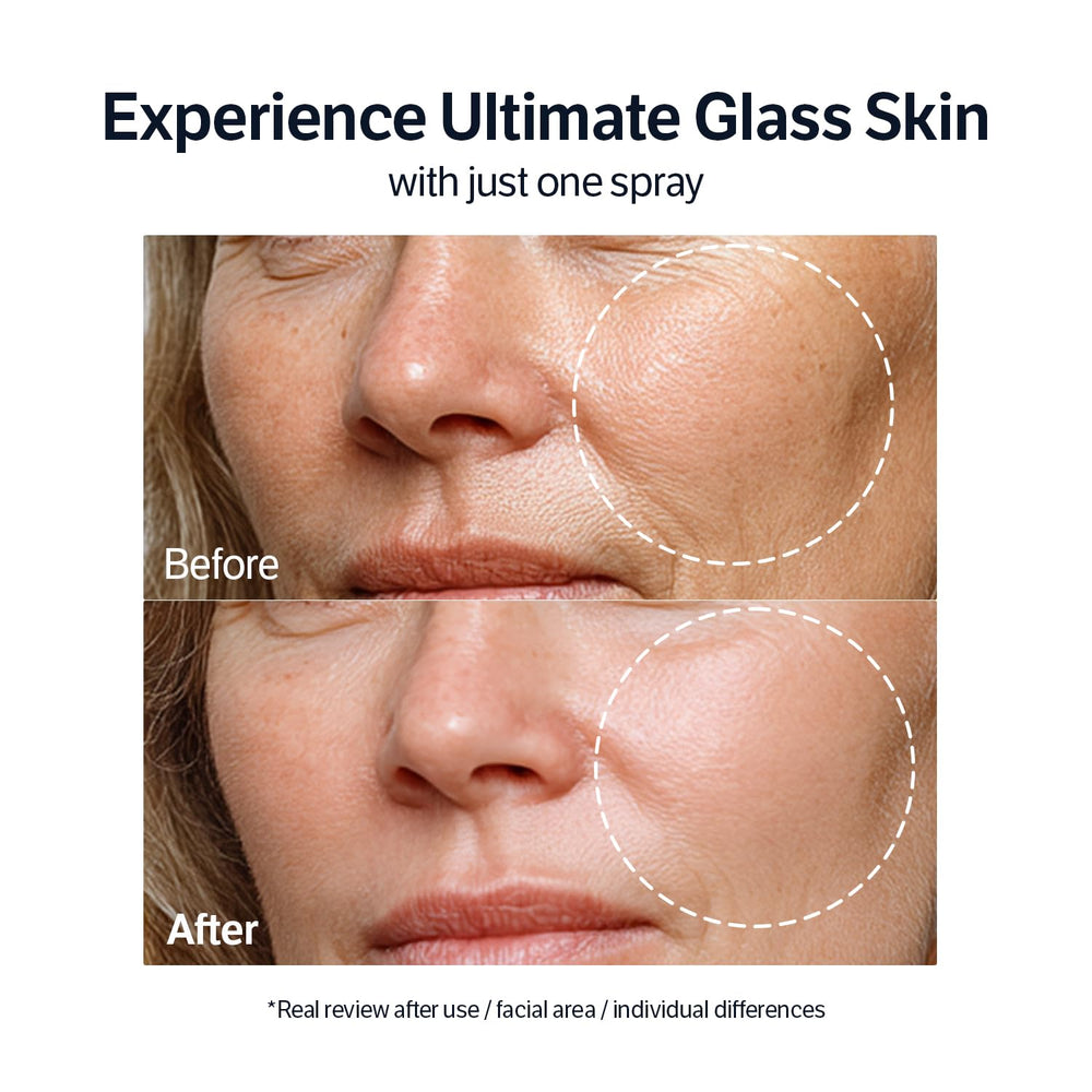 SUNGBOON EDITOR Deep Collagen Barrier Serum Mist dewy-skin close-up after application.