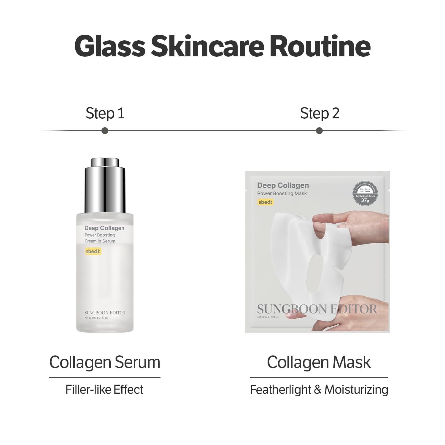 SUNGBOON EDITOR serum bottle close-up highlighting deep collagen benefits.