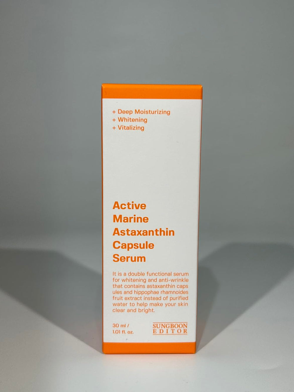 SUNGBOON EDITOR Active Marine Astaxanthin Serum bottle preserves potency and stability.