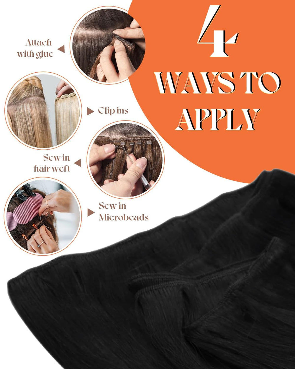 Sunny Hair sew-in extension application method image highlights secure, versatile wear methods