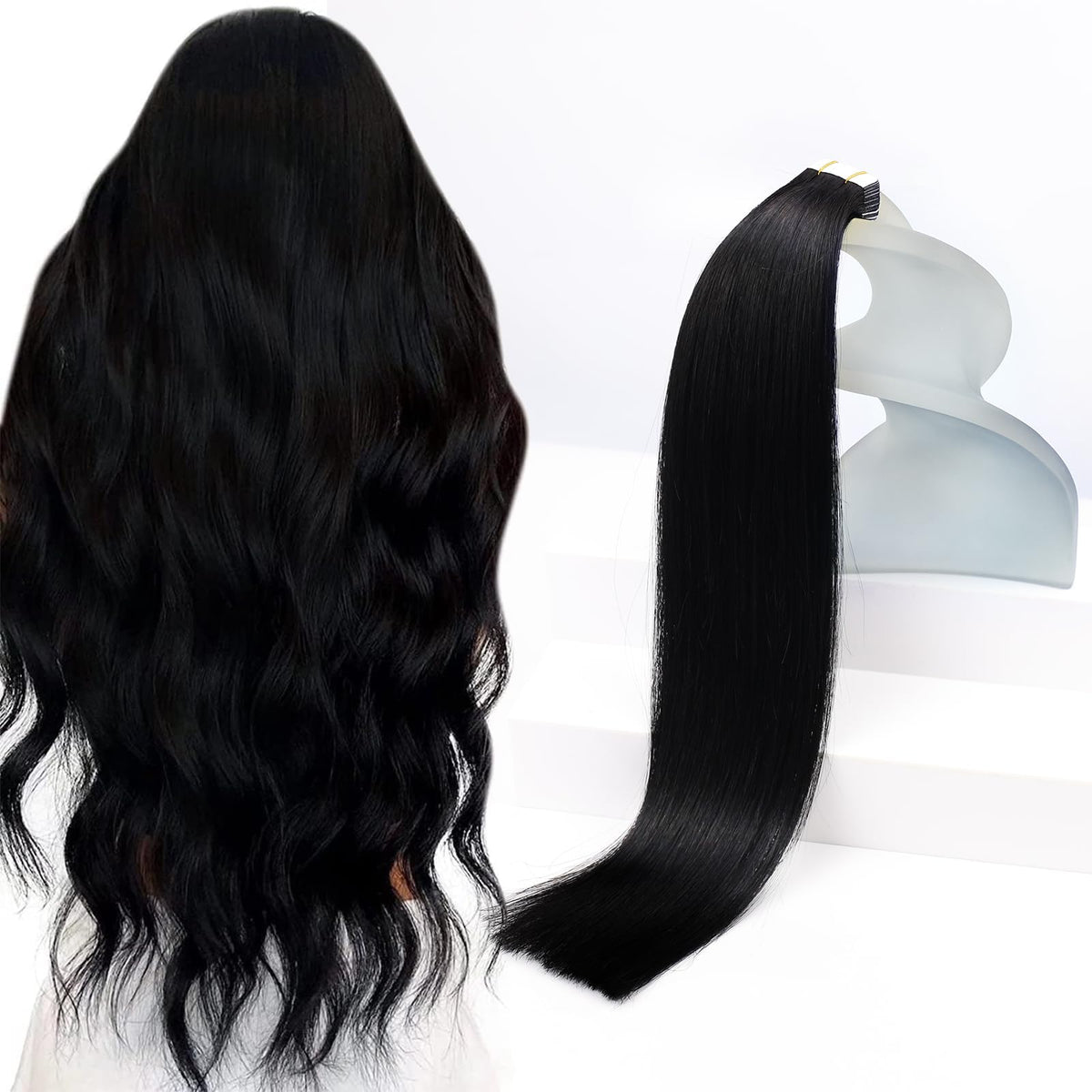 Sunny Hair tape-in extensions jet black weft closeup shows natural blend