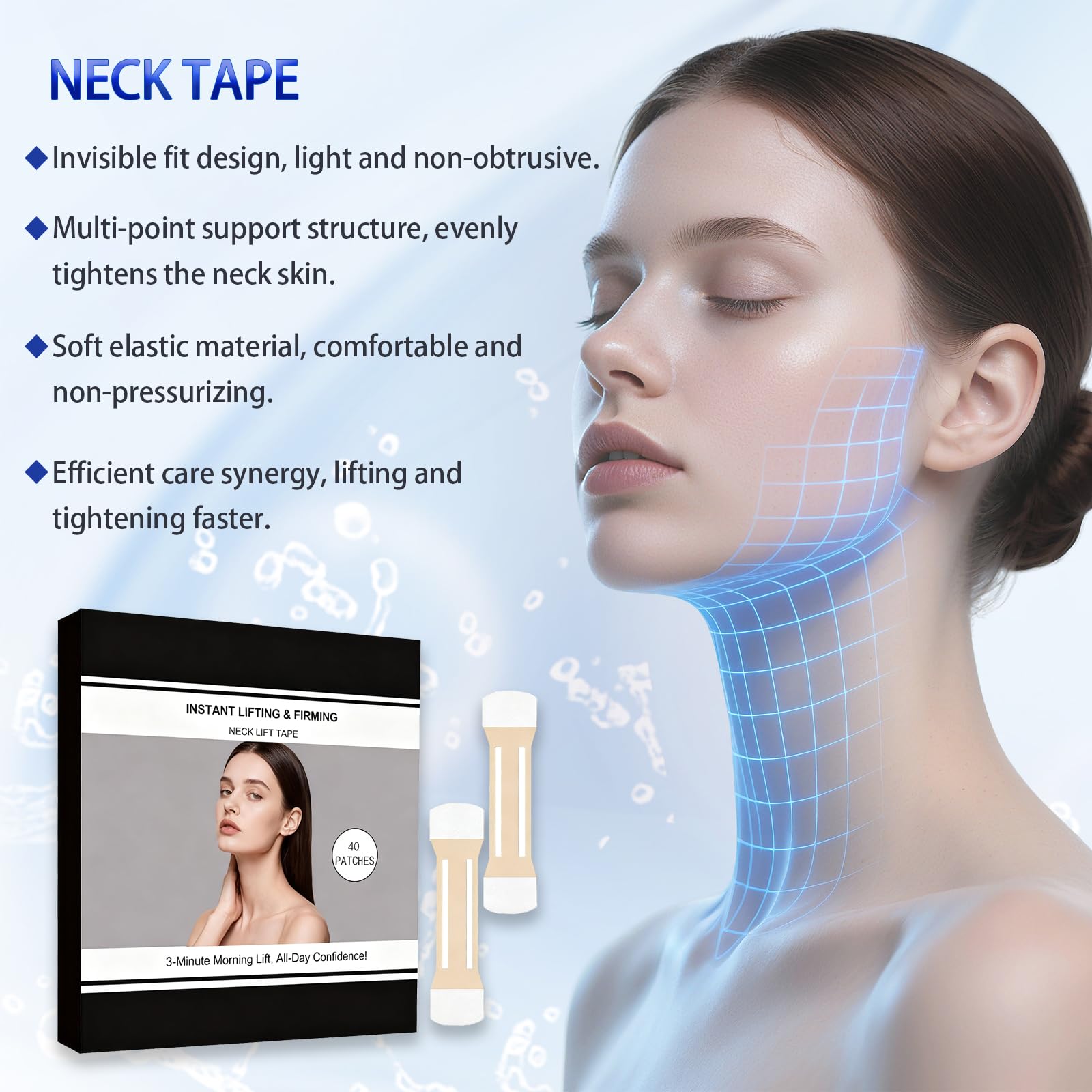 Sunnydeer neck lift tape on neck closeup showing breathable skin-safe fabric