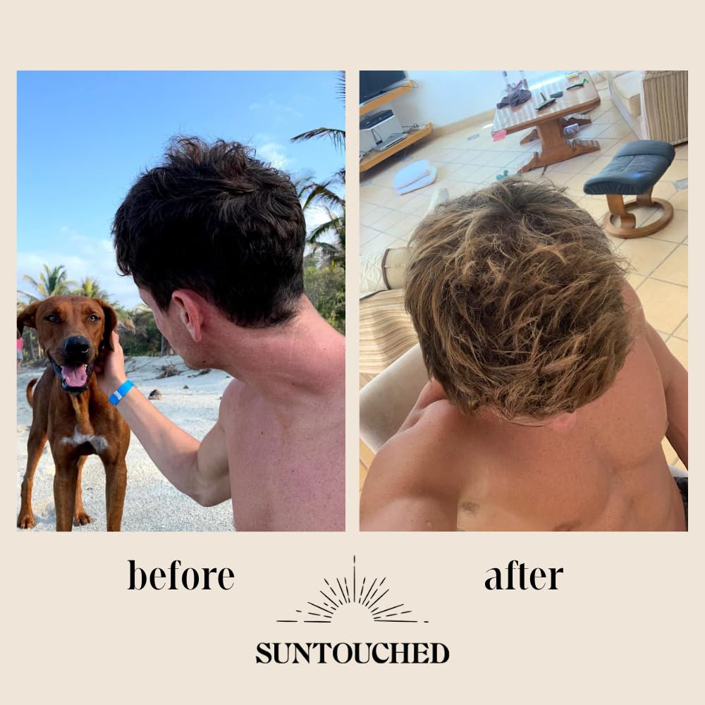Suntouched Sun Hair Lightener close-up on hair shows luminous post-sun highlights.