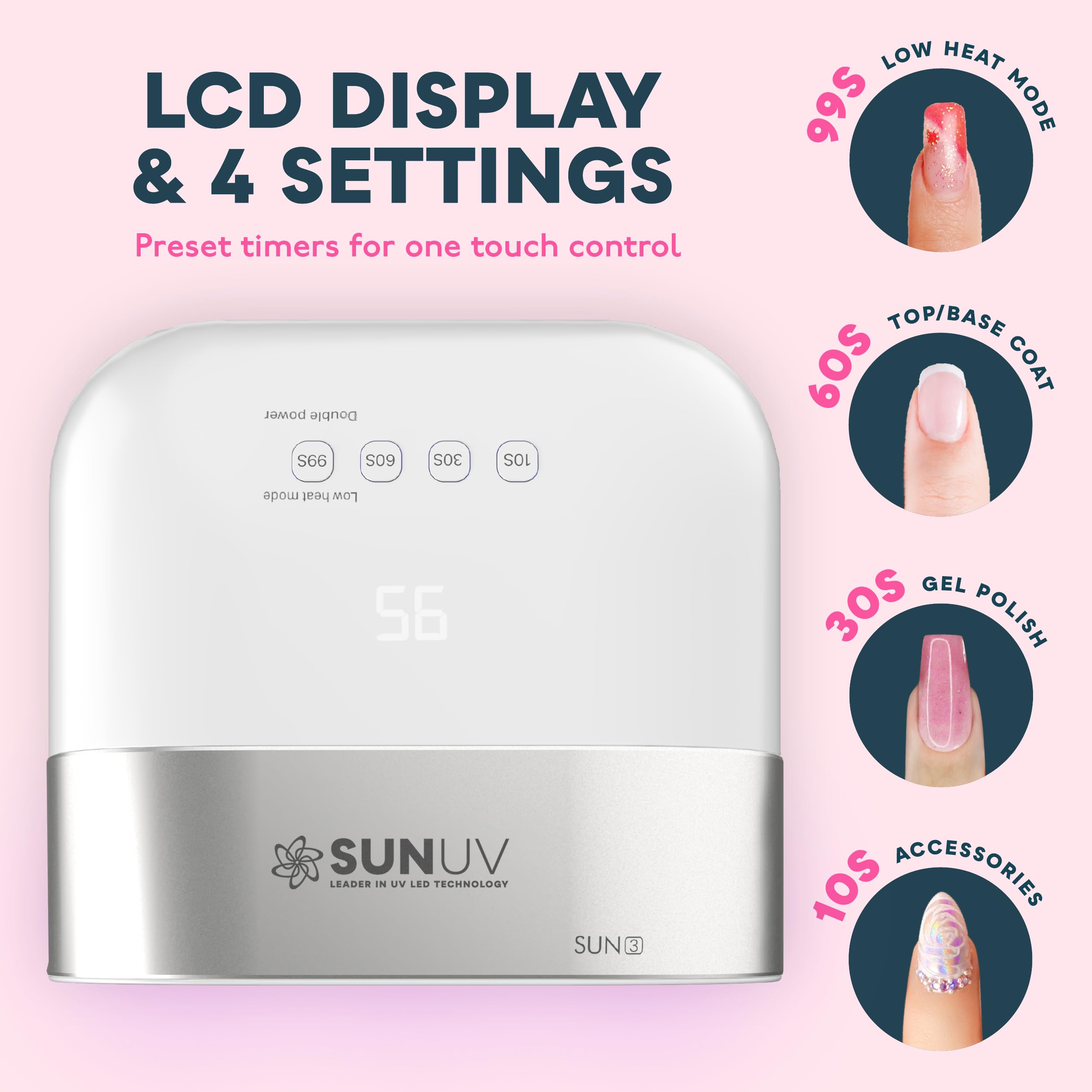 SUNUV SUN3 hand-under-light demonstrates fast, comfortable gel curing during at-home sessions