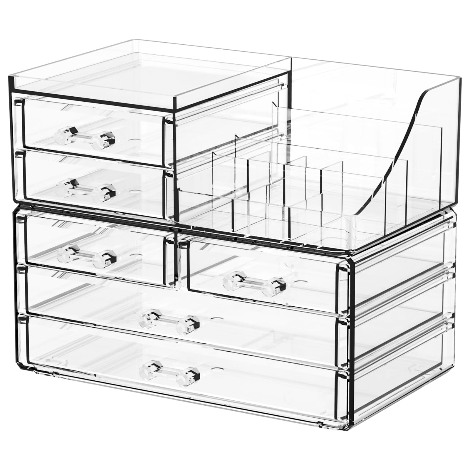 SuoXing clear acrylic makeup organizer six-drawers for quick cosmetics access.