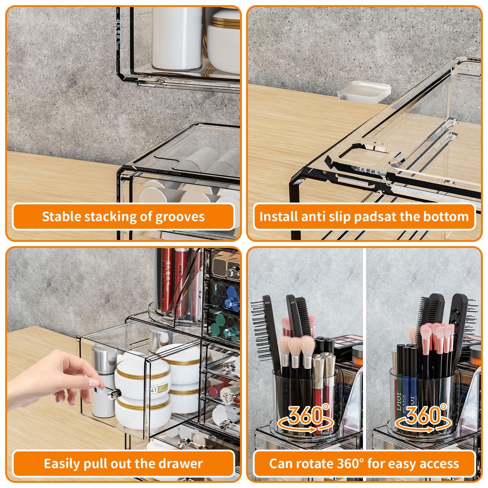 SuoXing clear acrylic makeup organizer supports compact setups in dorms and studios.