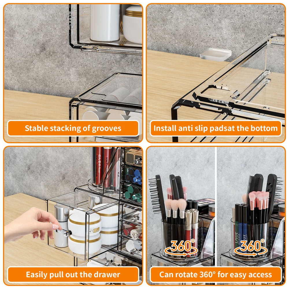 SuoXing clear acrylic makeup organizer supports compact setups in dorms and studios.