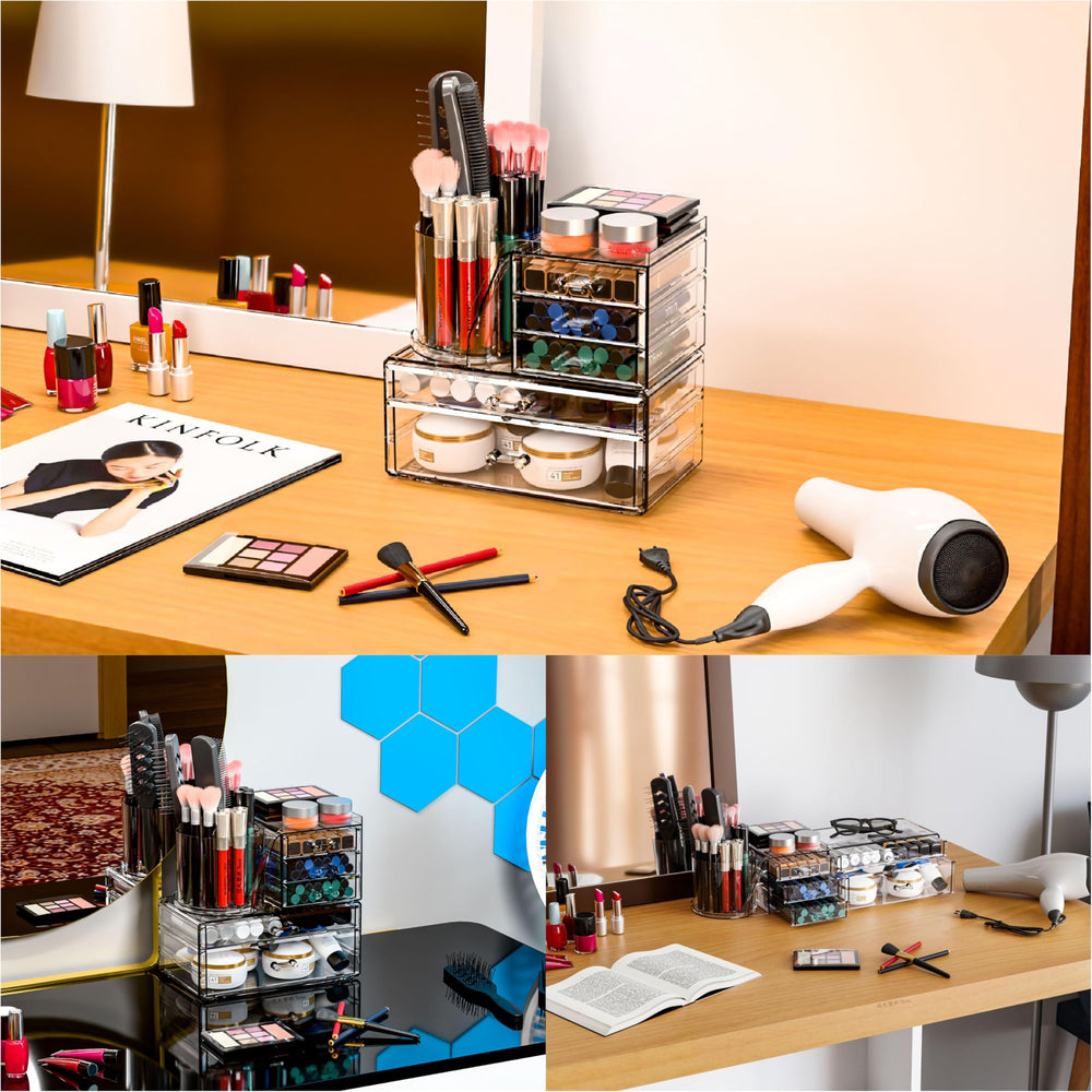 SuoXing clear acrylic makeup organizer's modern look complements desks and vanities while organizing cosmetics.