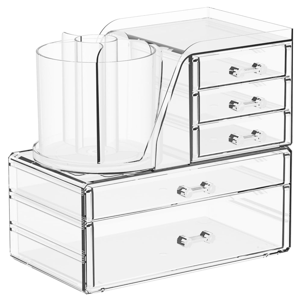 SuoXing clear acrylic makeup organizer top-rotating brush holder keeps brushes within easy reach.