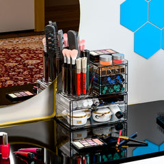 SuoXing clear acrylic makeup organizer with varied-drawer heights simplifies skincare and cosmetics storage.