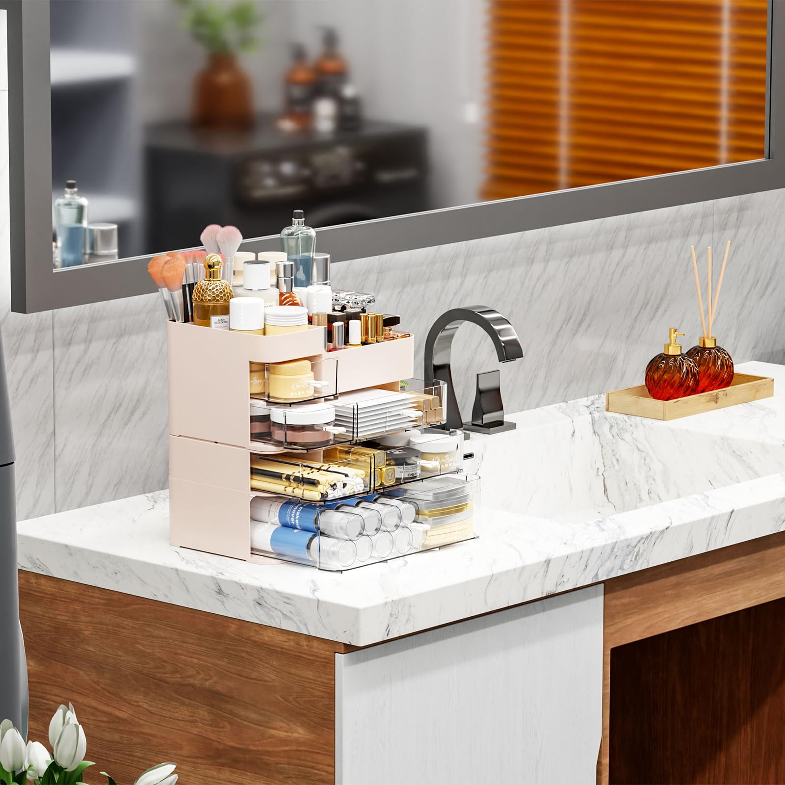 SuoXing organizer on bathroom counter for skincare and lip products