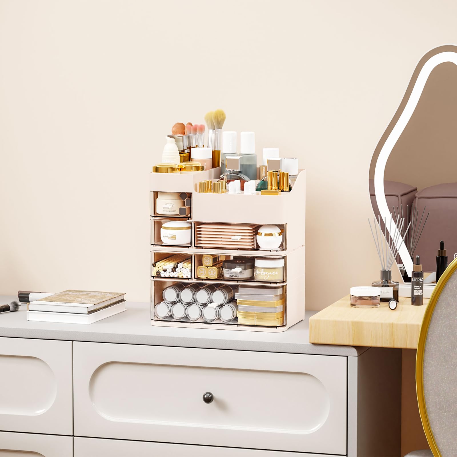 SuoXing makeup organizer with clear top compartments keeps brushes and palettes visible
