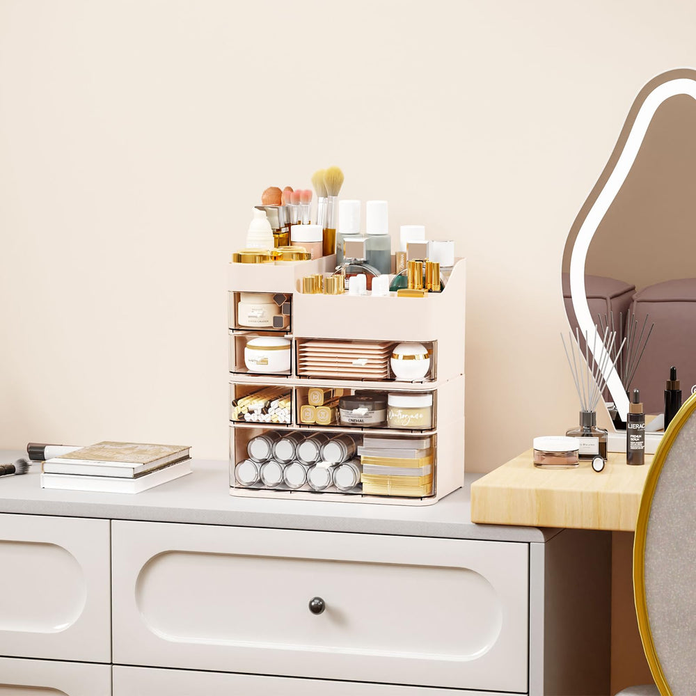 SuoXing makeup organizer with clear top compartments keeps brushes and palettes visible