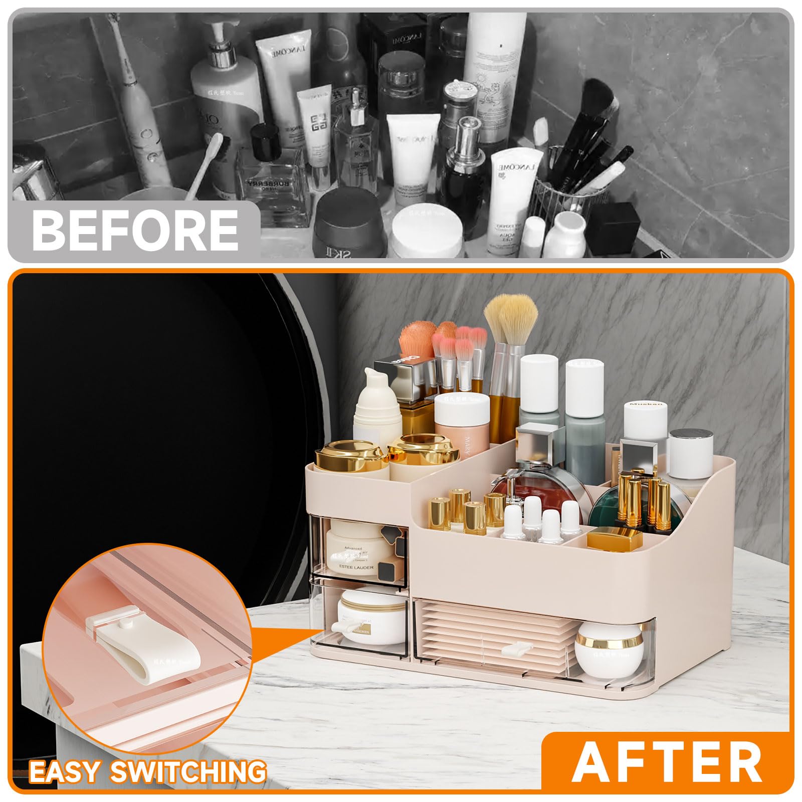 SuoXing pink makeup organizer on dresser top blends with decor while organizing cosmetics