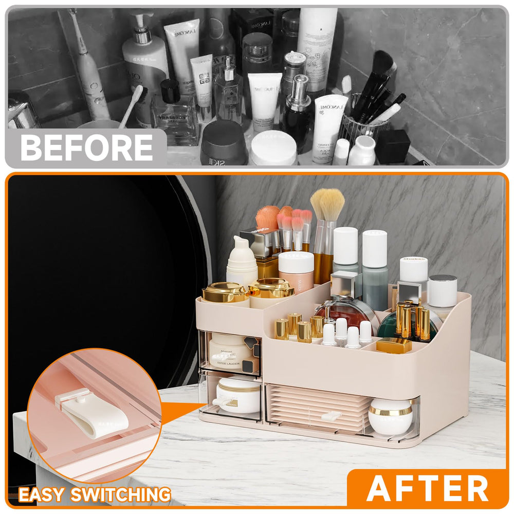 SuoXing pink makeup organizer on dresser top blends with decor while organizing cosmetics