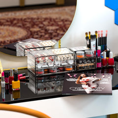 SuoXing transparent makeup storage with stacked drawers for organized vanity essentials.