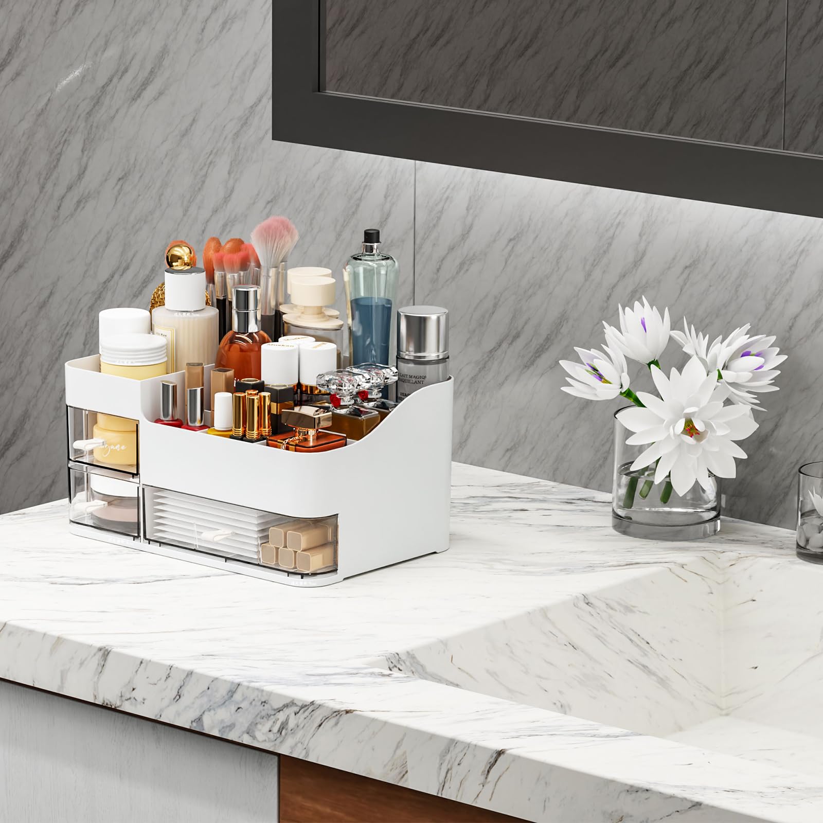 SuoXing white makeup organizer large drawer close-up showing ample storage.