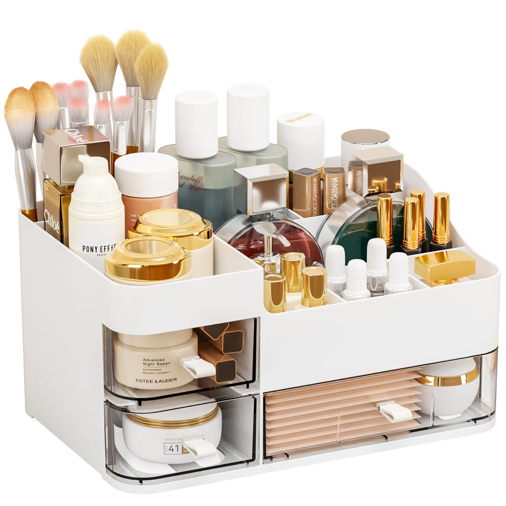 SuoXing white makeup organizer top view with clear compartments for easy visibility.
