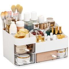 SuoXing white makeup organizer top view with clear compartments for easy visibility.
