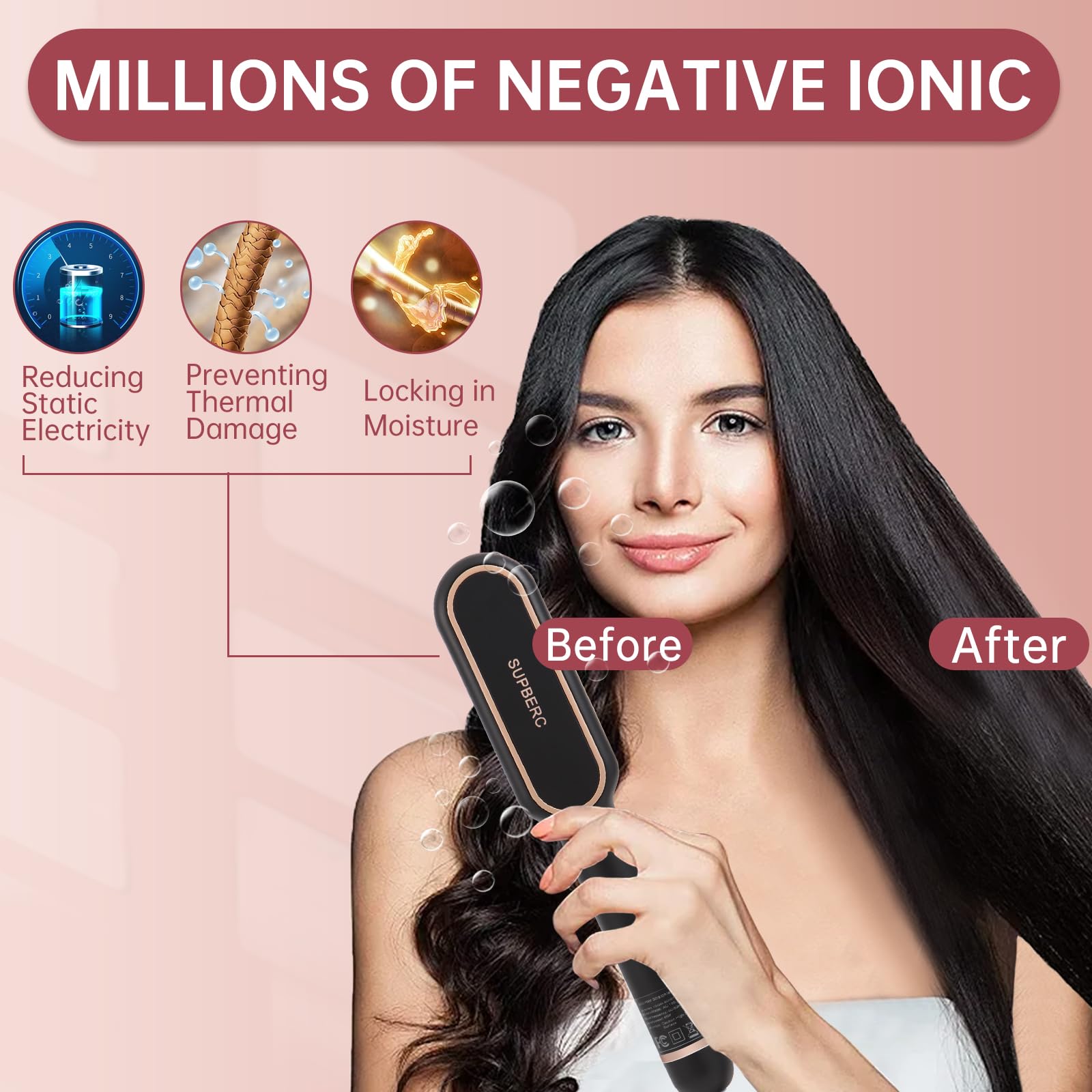 SUPBERC negative ionic hair brush LED display shows current temperature