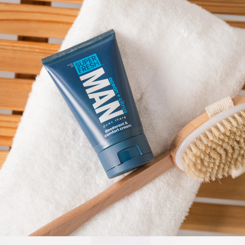 Super & Fresh Co. groin-care-lotion application-closeup shows smooth glide and reduced friction