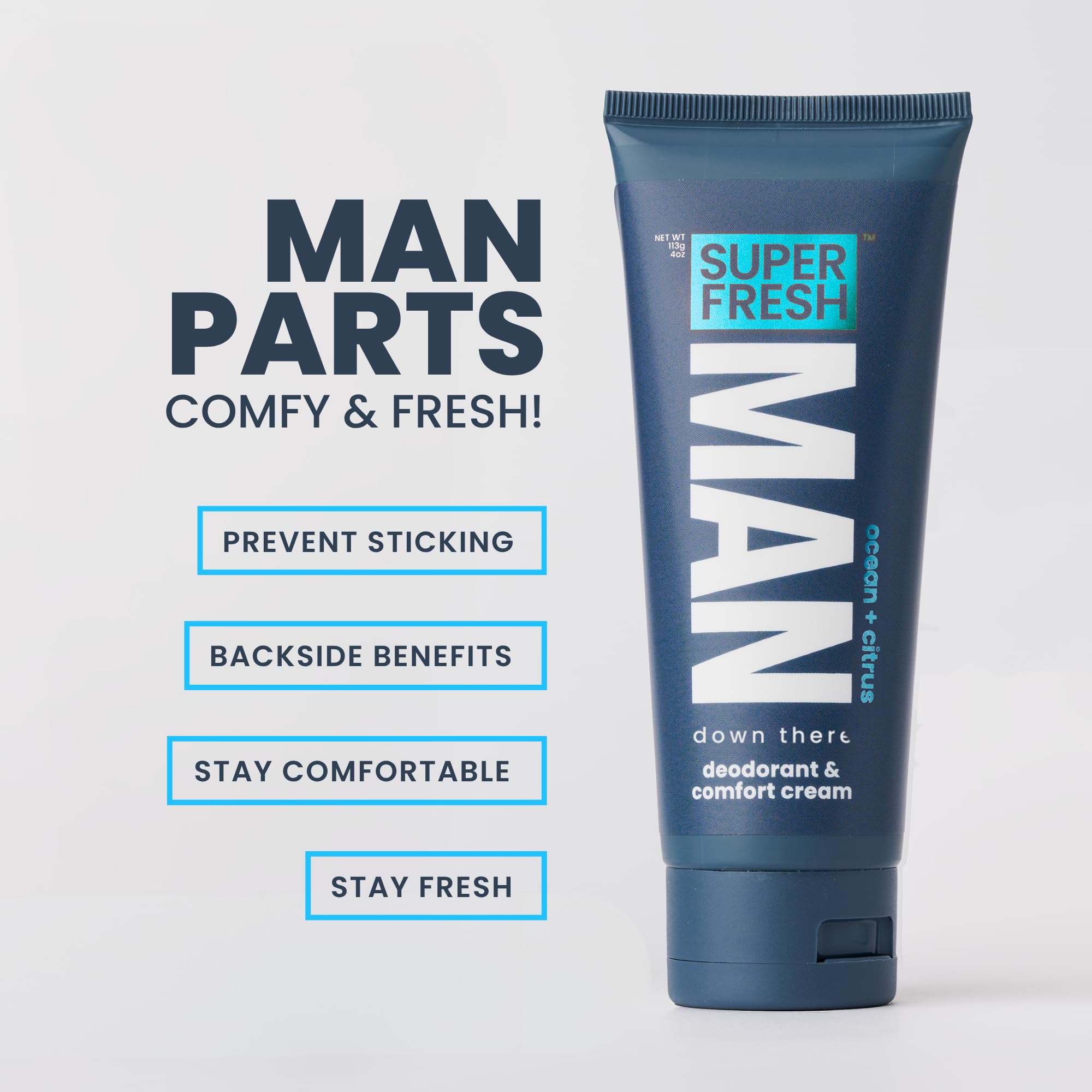 Super Fresh Co. lotion texture close-up highlights smooth absorption for sensitive skin.