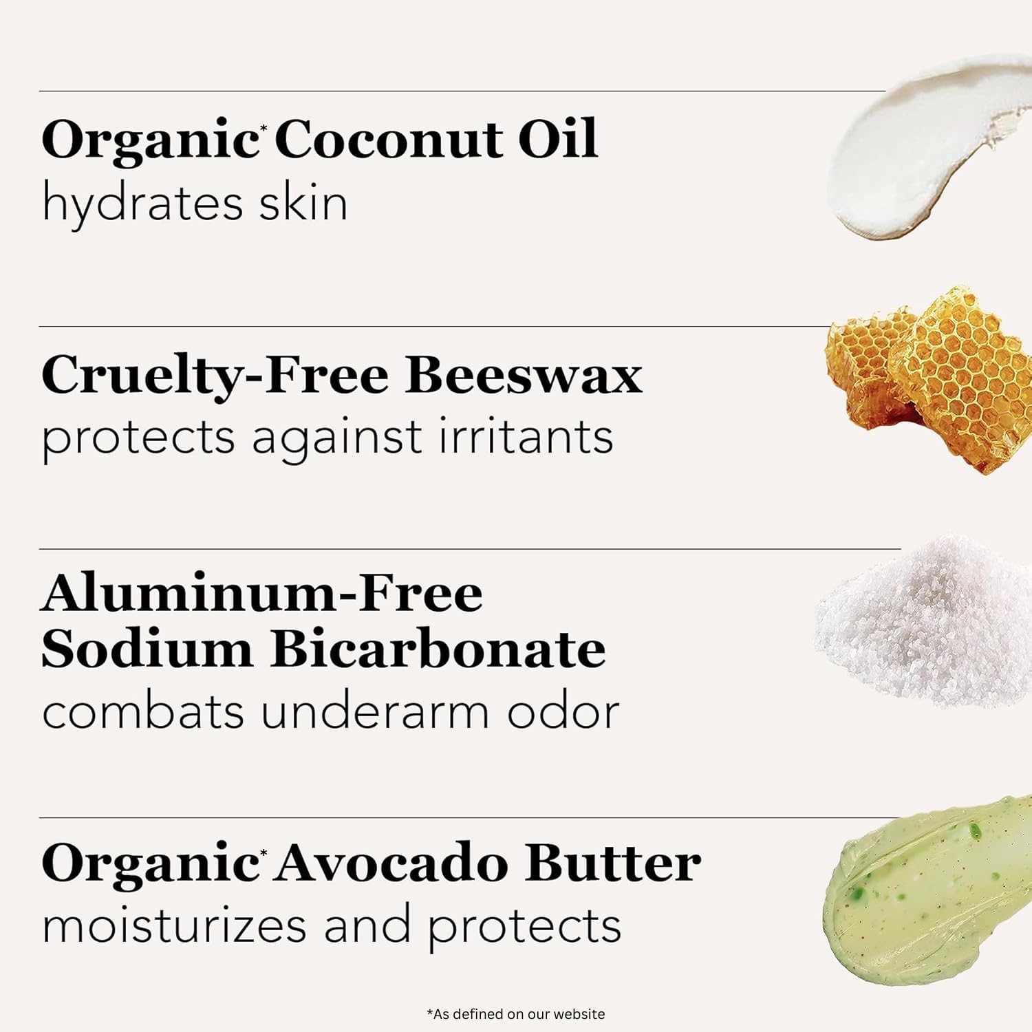 Super Natural Goods Underarmed deodorant barrel open reveals natural ingredients and beeswax emulsifier.