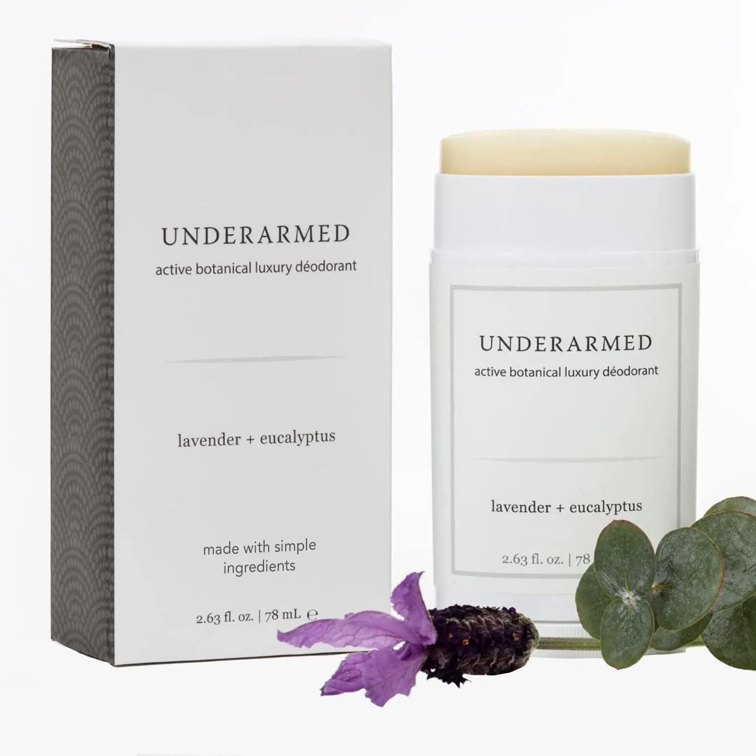 Super Natural Goods Underarmed lavender-eucalyptus deodorant stick closeup for long-lasting freshness.
