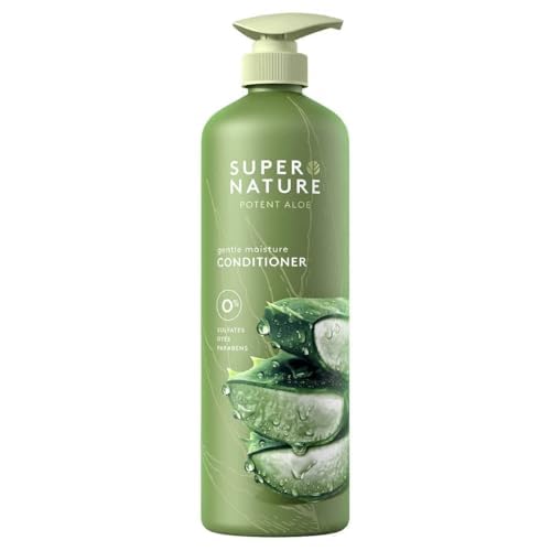 Super Nature Potent Aloe Gentle Moisture Conditioner aloe leaf closeup with moisturized strands.