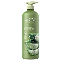 Super Nature Potent Aloe Gentle Moisture Conditioner aloe leaf closeup with moisturized strands.