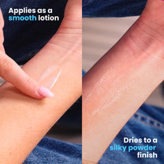 Hands apply SweatBlock to skin, revealing a silky powder finish.