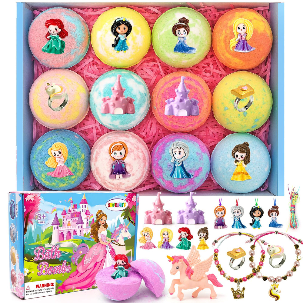 SUPERGFS bath bombs with surprise inside a box showcase vibrant colors and princess toy for kids