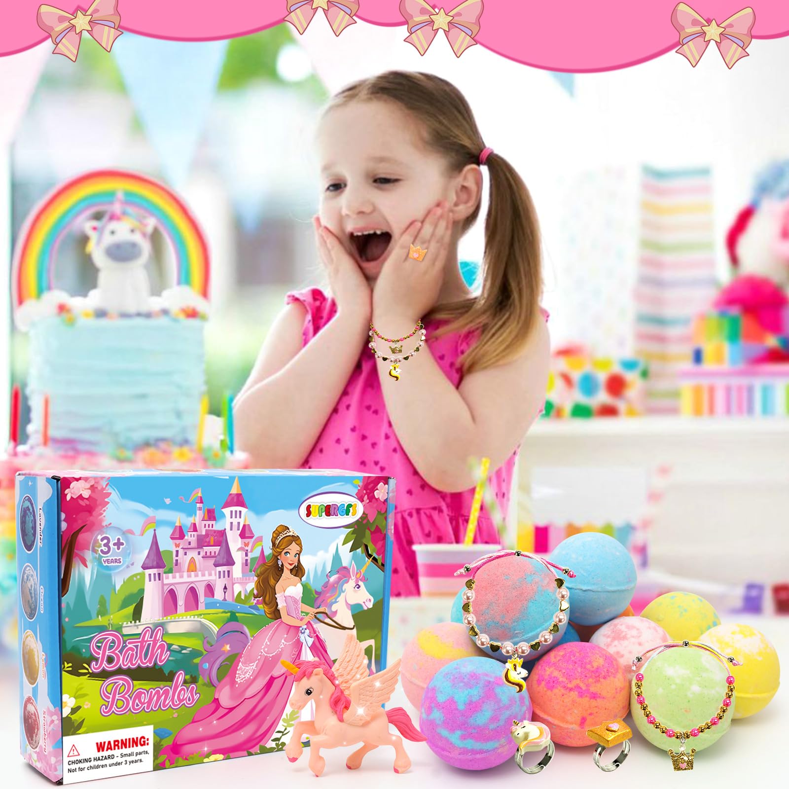 SUPERGFS bath bombs hide rings, bracelets, and a unicorn toy for magical bath surprises