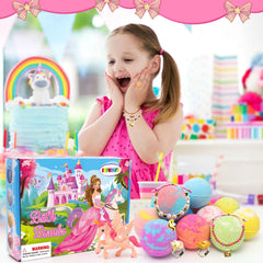 SUPERGFS bath bombs hide rings, bracelets, and a unicorn toy for magical bath surprises