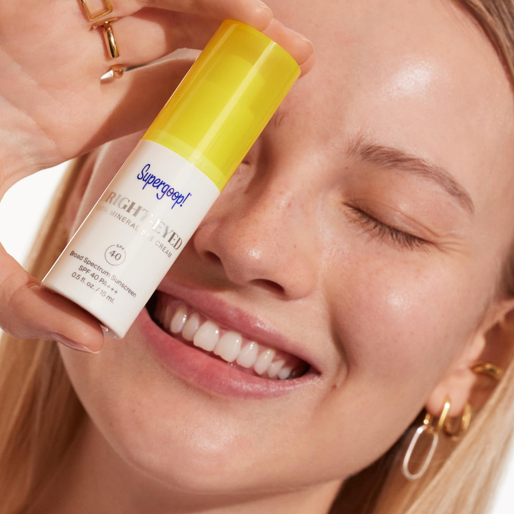 Supergoop Bright-Eyed cream swirl closeup illustrating hydrating, fast-absorbing texture.