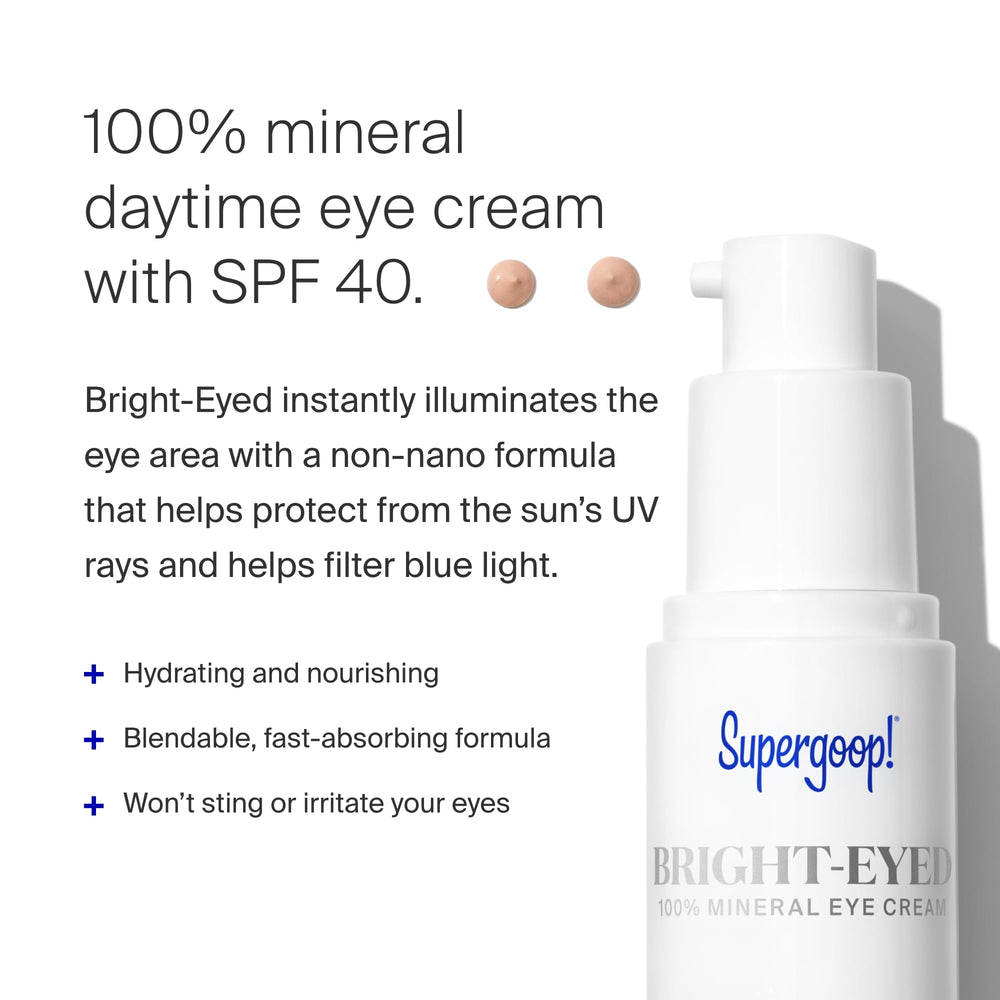 Supergoop Bright-Eyed SPF 40 image highlighting UVA/UVB and blue light protection.