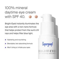 Supergoop Bright-Eyed SPF 40 image highlighting UVA/UVB and blue light protection.