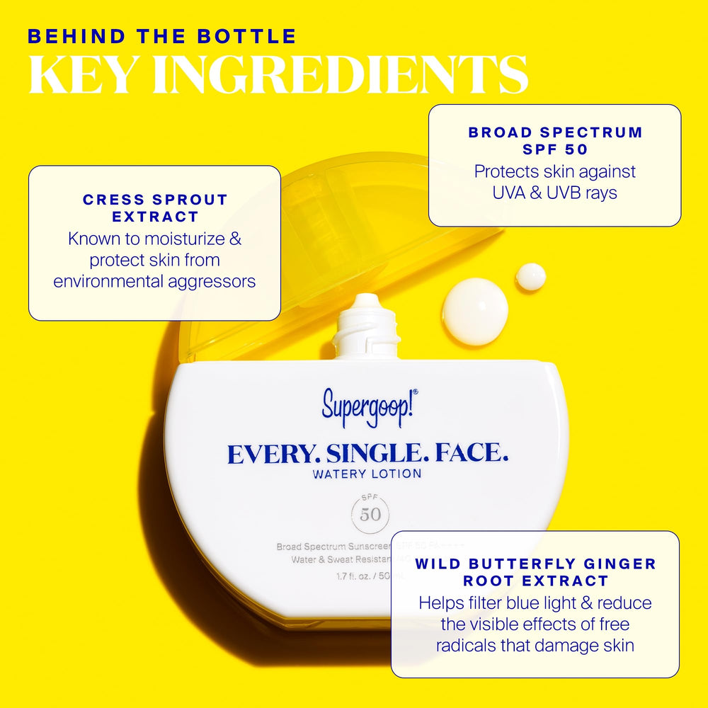 Supergoop! Every. Single. Face. Watery Lotion shows no white cast on skin for a clean look.