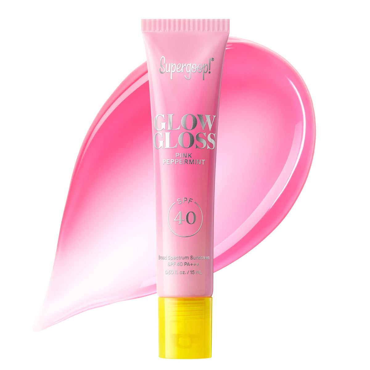 Supergoop Glow Gloss SPF 40 lip balm Pink Peppermint showcasing protection and high shine