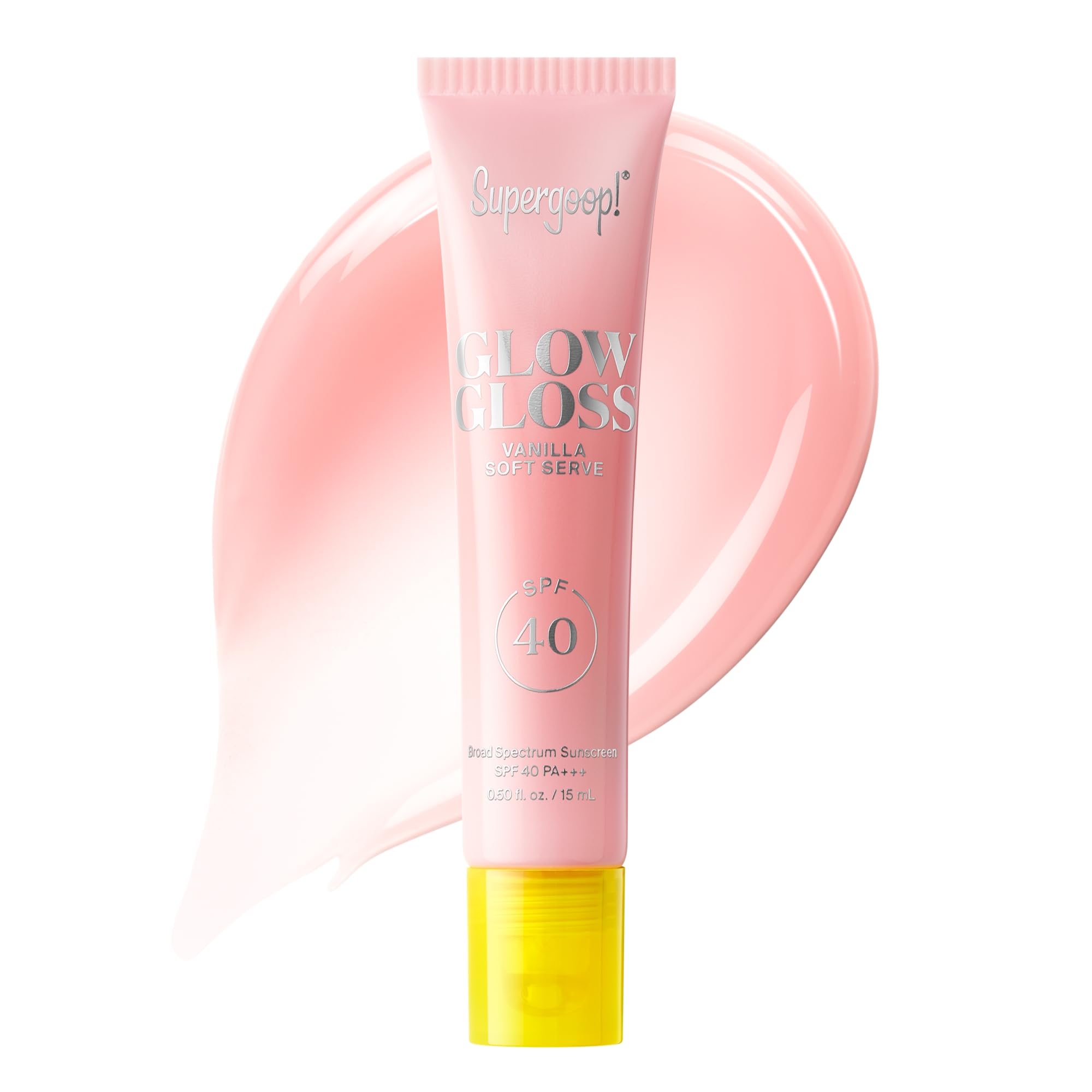 Supergoop! Glow Gloss SPF 40 lip balm in Vanilla Soft Serve tube provides protection and hydration.