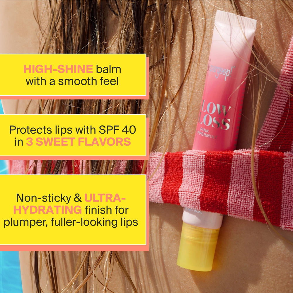Supergoop! Glow Gloss Vanilla Soft Serve flavor on lips for a glossy, sweet look.