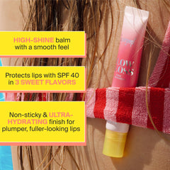 Supergoop! Glow Gloss Vanilla Soft Serve flavor on lips for a glossy, sweet look.