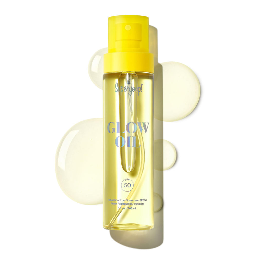 Supergoop! Glow Oil bottle front with SPF 50 PA++++ protection for sun-ready skin.